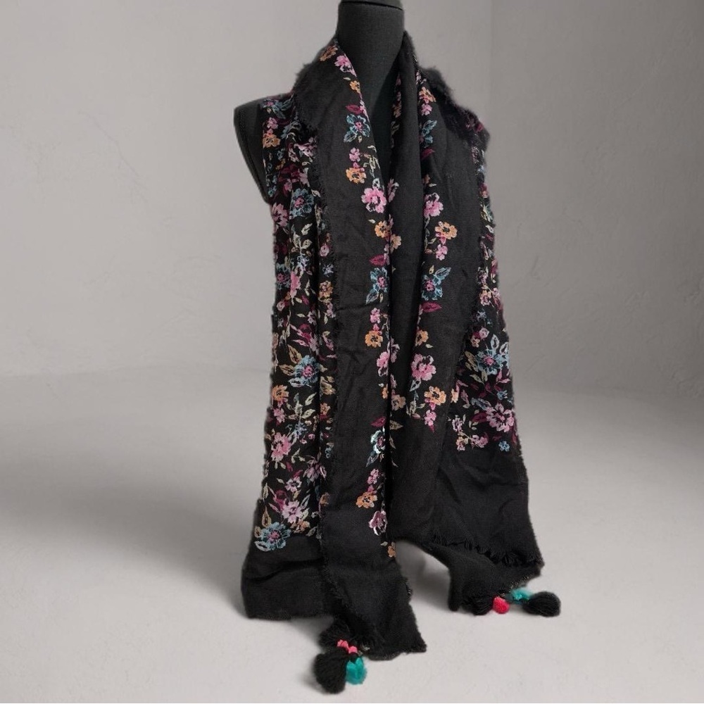 Boho Floral Tassel Scarf – Large Black Pashmina Style Shawl Pink & Blue Flowers - Picture 15 of 17